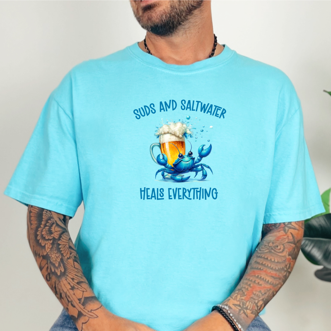 Suds and Saltwater Heals Everything T Shirt- Beer Drinking - Comfort Colors Tee