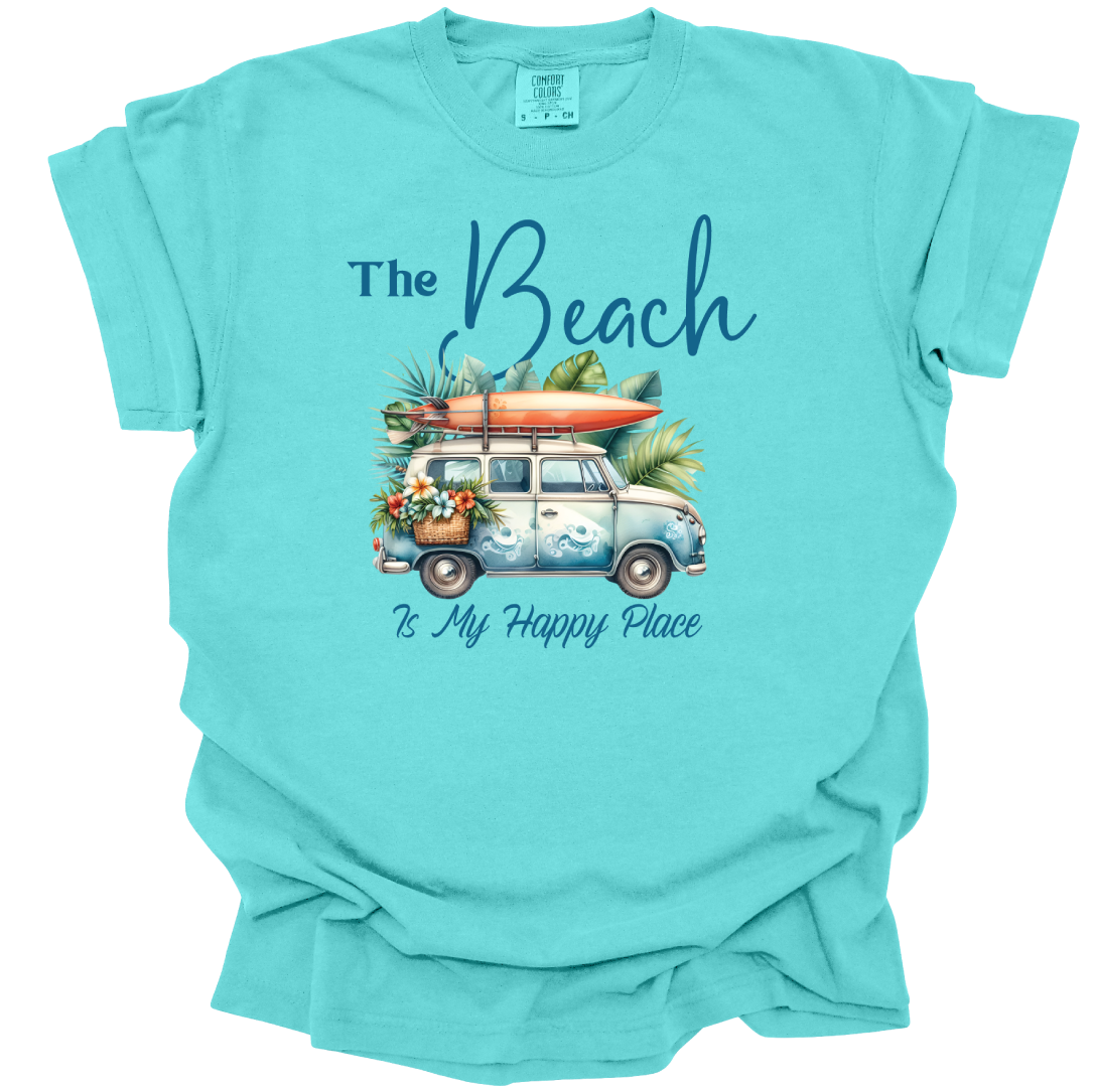 The Beach Is My Happy Place T Shirt - Cute With Truck and Surfboard - Comfort Colors Tee