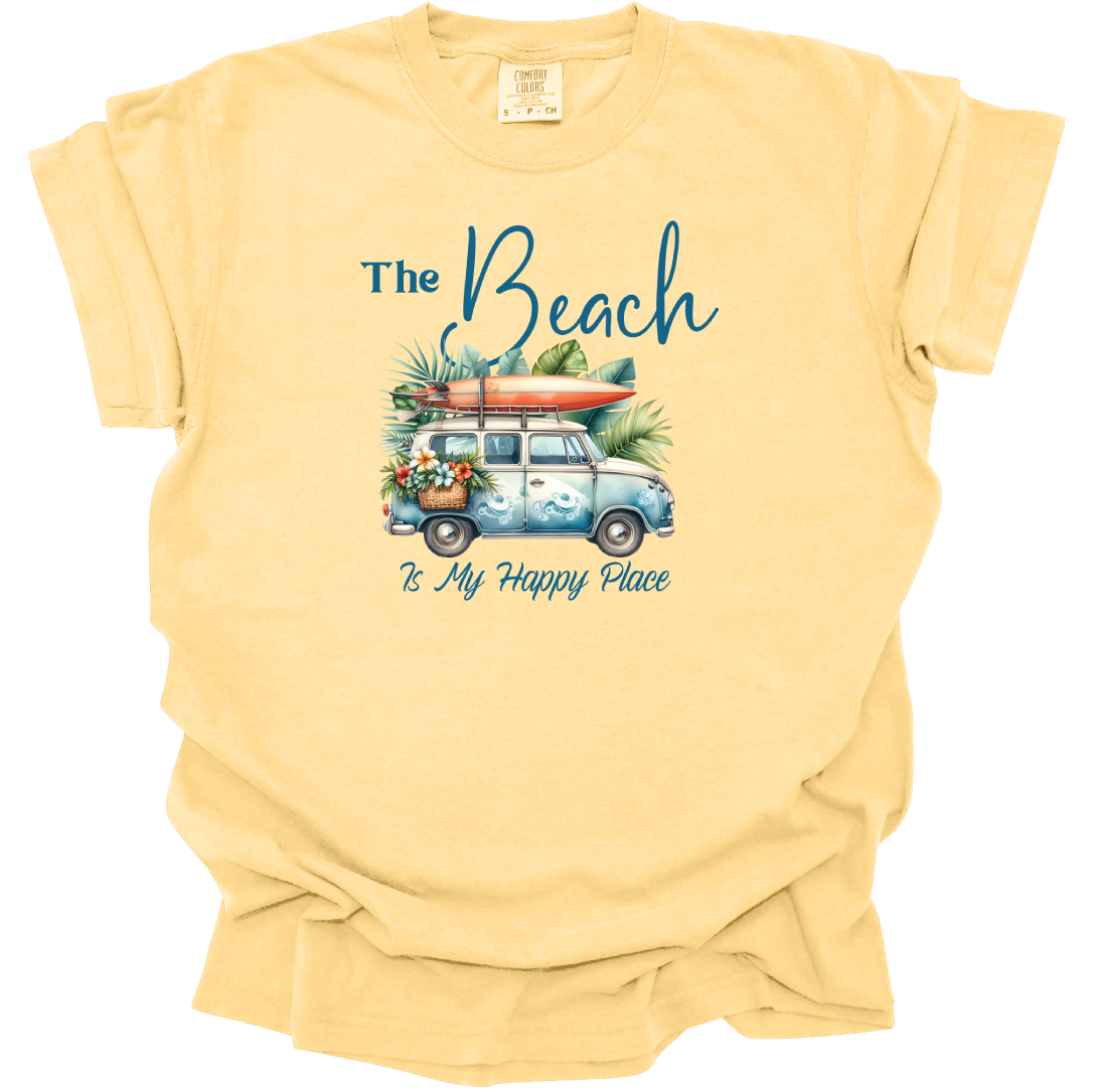 The Beach Is My Happy Place T Shirt - Cute With Truck and Surfboard - Comfort Colors Tee