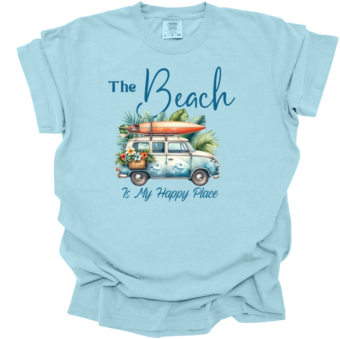 The Beach Is My Happy Place T Shirt - Cute With Truck and Surfboard - Comfort Colors Tee