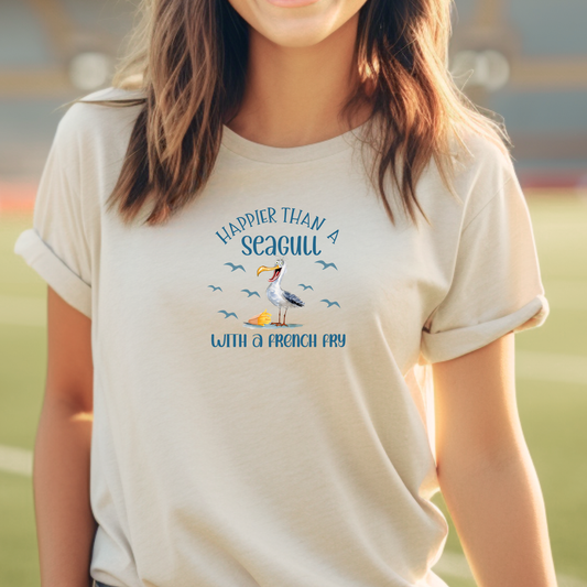 Happier than a seagull with a French fry t-shirt - Bella + Canvas beach tee - fun beach graphic shirt