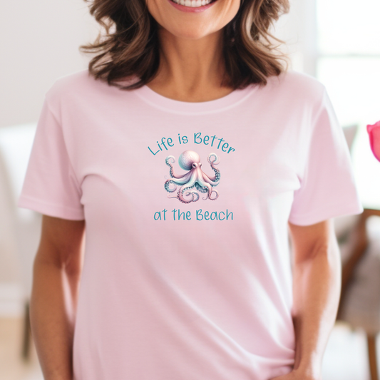 Life is better at the beach t-shirt - pastel octopus design - Bella + Canvas beach tee