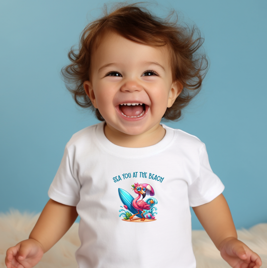 Sea You At The Beach Toddler T Shirt with Cute Pink Flamingo   2T-6 Shirt