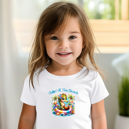 Chillin' at the Beach Toddler T Shirt with Cute Seahorse in a Floaty Rabbit Skins 2T-6 Tee