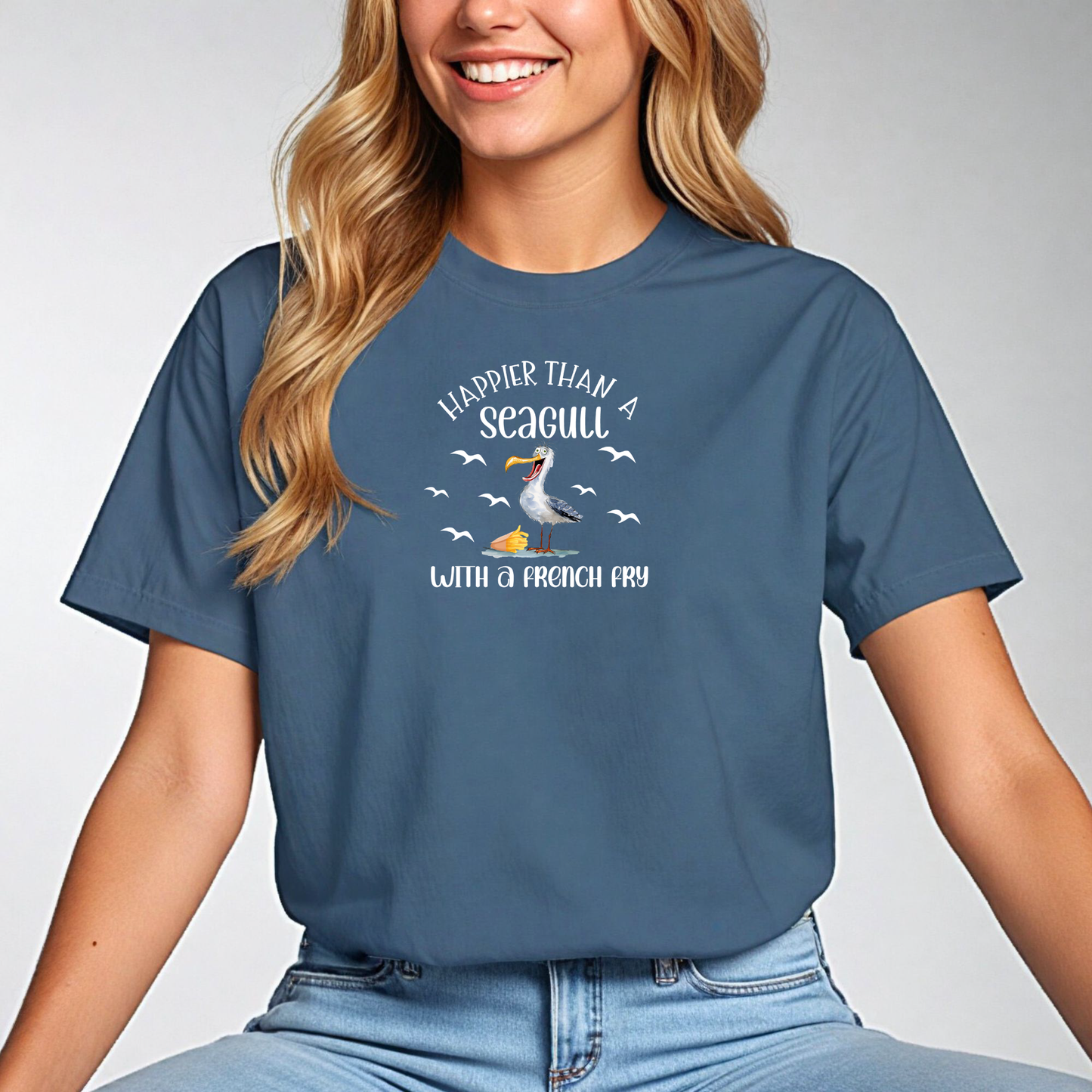 Happier Than A Seagull With A French Fry T Shirt - Funny Beach Tee