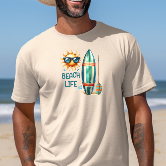 Beach life t-shirt - sun with sunglasses - surfboard graphic t-shirt - Gildan beachwear