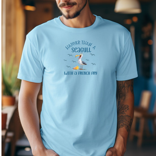 Happier than a seagull with a French fry t-shirt - Gildan beach tee - fun beach graphic shirt