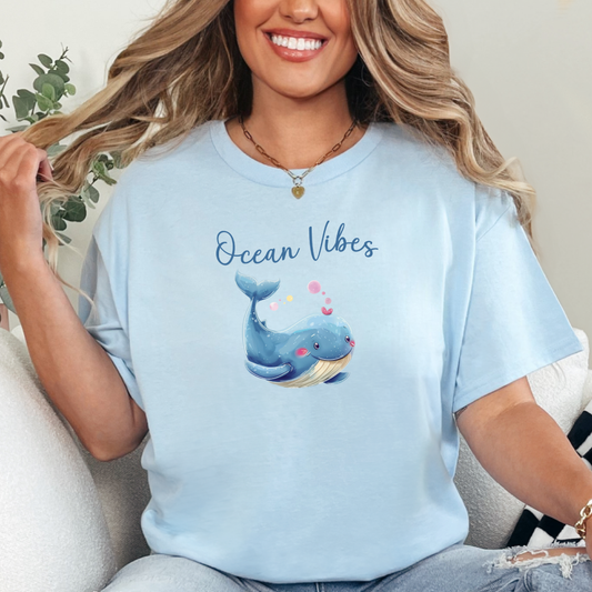 Ocean Vibes T Shirt - Cute Whale Design - Gildan Tee