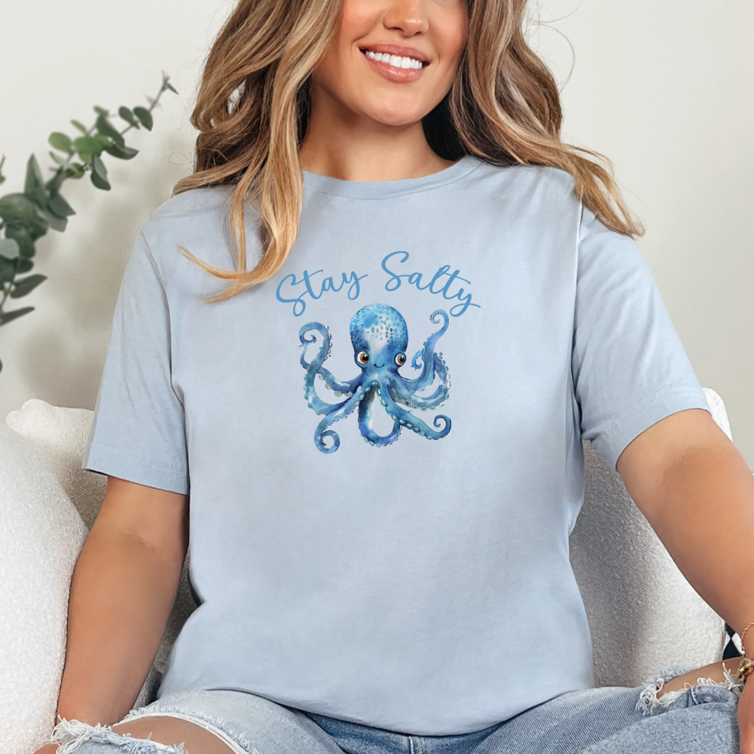 Stay Salty T Shirt - Octopus Design - Summer Beach Tee - Gildan