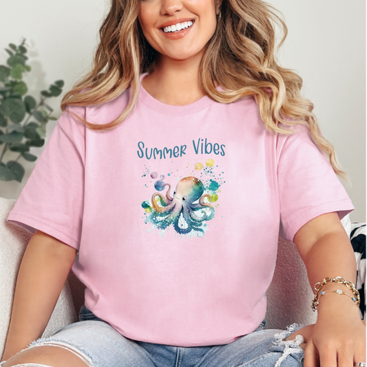 Summer Vibes T Shirt -  Beach Inspired  Octopus - Gildan Tee